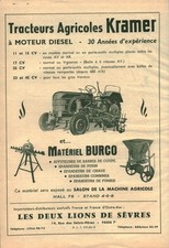 Publicité ancienne tracteurs Kramer matériel agricole 1955 issue de magazine