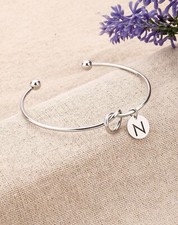 Bracelet Femme Lettre N Bijoux Argent Acier Inoxydable Jonc Argenté Gris Fin
