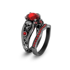Vampire Tête de Mort Fiançailles Bague Parure Grenat Rouge 2pc Bronze Finition