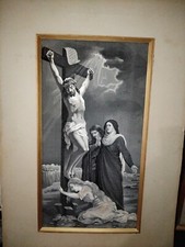 Tableau Religieux Crucifixion Marie Madeleine Neyret frère sur soie French Antic