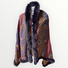 Hand Made 100% Wool Shawl With Fur Edges Trim, Made In Kashmir India 66” X 26”