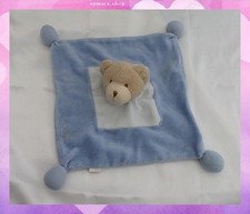 Doudou Peluche Plat Ours Bleu Beige Pompons Sabiluc
