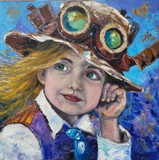 Toile originale de NOLAC 40x40 cm huile au couteau Fillette Steampunk