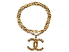 VINTAGE COLLIER CHANEL PENDENTIF LOGO CC CHAINE METAL DORE 1985 82CM NECKLACE