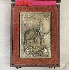 Médaille plaque bronze 1852 Mines de Lens 1914 reconstitution 1929 4M de tonnes