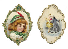 2 Chromos découpis gaufrés cadre or petit couple romantique  ; garçon à la plume