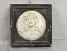 🇫🇷 ANCIEN CADRE PLÂTRE RELIGIEUX MÉDAILLON TÊTE DU CHRIST