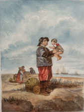 C34/40-DESSIN ORIGINAL-AQUARELLE-LES PÊCHEURS ET L'ENFANT-ARCACHON-[A.DELACROIX]
