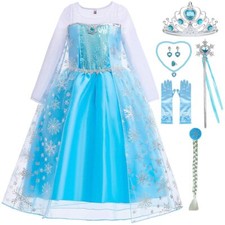 Robe Princesse Fille Elsa Déguisement Reine des Neiges Costume Bleu Canarval ...