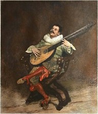 JOUEUR DE LUTH dans un FAUTEUIL DAGOBERT -Gravure 19e aquarellée (Meissonier)