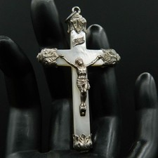 A31 - Ancien Grand Crucifix en Nacre et Argent - Poinçon Crabe XXème