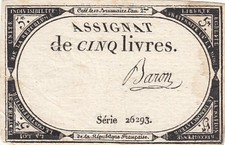 5 Livres - 10 Brumaire An II (31.10.1793) - Sign. Baron - Série 26293
