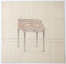 Aquarelle Ancienne Étude Mobilier Meuble Bureau Ancien