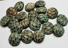 LOT 14 ANCIENS BOUTONS VERRE EMAILLE VERT DORE EN RELIEF 28 mm SUR PIED #  E2