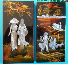 Deux tableaux asiatiques (vietnam), peinture laquée sur bois.