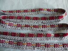 Galon à frange ancien tissé coton et soie artificielle rouge et mauve 2mx2,5cm 