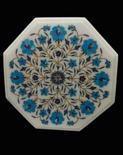 15 " Marbre Table Top Handmade Demi-Précieuses Pierres Turquoise Pietra Dura Art