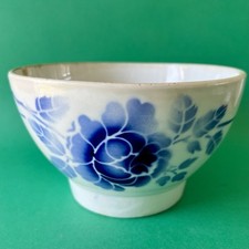 Très grand bol ancien faïence vintage fleur bleue pochoir D 19 cm