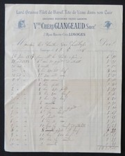 Billhead Facture LIMOGES 1898 Boucherie GLANGEAUD Tête de veau illustrée 119