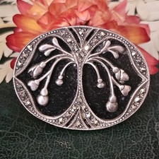 Broche Style Art Déco Argent Verre Noir Marcassites Motif Arbre De Vie 48x32mm