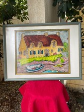 Vitrail encadré "chaumiere en Bretagne", peint sur plexiglass et plombé