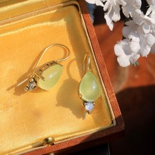Boucles d'oreilles Dormeuse Doré Serti de CZ Blanc Goutte Agate Vert Clair SB4