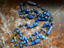 LOT 2 colliers Art Déco 1930 Perles fait main en Verre bleu rayé EXCELLENT ETAT