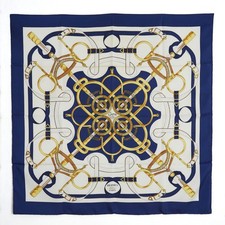 Hermès 1974 Foulard Carré 90 Eperon d Or Navy Gold Silk Twill Carre Scarf Hermes