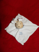 Doudou Et Compagnie Lapin Plat Blanc  Col et Broderie Bleu