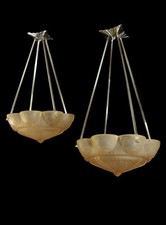 A.CHERPION & MULLER FRERES : SUSPENSIONS ART DÉCO BRONZE NICKELÉ & VASQUES 1930