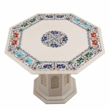 30 " Marbre Blanc Table Top Handmade Incrustation Demi Précieux Pierres Avec