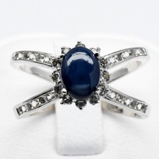 Bague argent 925 plaqué or blanc avec saphir et topazes blanches     T50