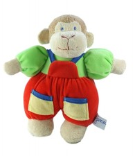 Doudou  singe salopette rouge vert Grelot  Ajéna 22 cmeheheh