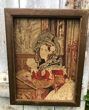 Antique French Renaissance Lady Needlepoint Handmade Wool Tapestry c1890s