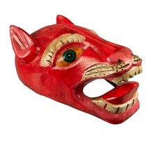 Masque Chien Tibétain Rouge Danse Cham en bois - Artisanat Népalais # 8225