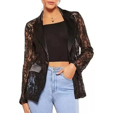 Veste Femme Élégante En Dentelle Noire Avec Col Satiné Manches Longues 5081799