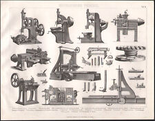 1870 Gravure originale mécanique bricolage raboteuse scieuse outils machines