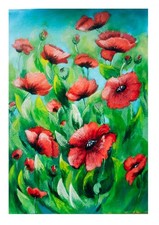 Coquelicots rouges sur un champ vert Peinture acrylique originale Paysage...