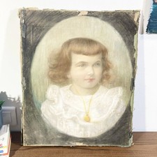 Portrait ancien pastel enfant victorien • Peinture d’époque 19e • Tableau