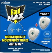 RAID MAX Night and Day Diffuseur Electrique Anti moustiques LOT 2 RECHARGES 
