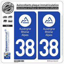 2 Stickers autocollant plaque immatriculation : 38 Auvergne Rhone Alpes LogoType