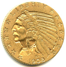 USA 5 dollars OR tête d'Indien 1908 n°6167
