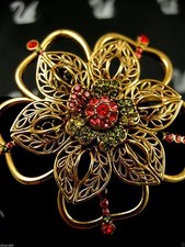 SIGNED SWAROVSKI TOPAZ CRYSTAL FLOWER  PIN~BROOCH 22KT GOLD PLATING RETIRED 