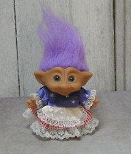Vintage Ace Novelty Treasure Troll Doll, Purple Hair USA American Flag Outfit 4"