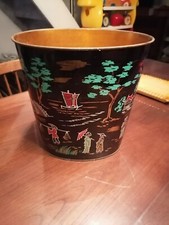 Belle Corbeille Poubelle  A Papier Metal Vintage Serigraphiee Japonisante 