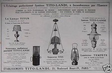 PUBLICITÉ 1923 TITO-LANDI LAMPE LANTERNES RADIATEUR PORTATIF SUSPENSION TITUS