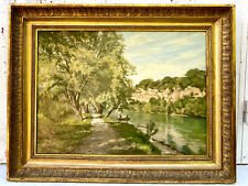 JULES GAUD (1848-1912) PAYSAGE H/T "SUR LE RHÔNE" PEINTRE SUISSE CADRE DORE 1900