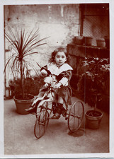France, portrait d'un jeune enfant sur son tricycle cheval Vintage citrate 