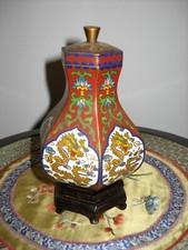 RARE ANCIEN PETIT VASE HEXAGONALE EN BRONZE ÉMAILLÉ DÉCOR DRAGON