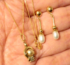 Bijoux Vintage Or 18 Carats-Pendentif Perle-Boucles d’Oreilles Pendantes 18K 750